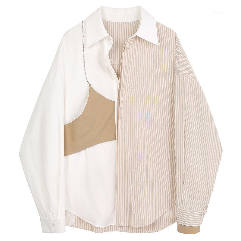 

Striped Shirt Women' Design Feeling Color Matching Fake Two-Piece Loose Top Autumn Long Sleeve White Blouse Korean Shirts1, Cnl0856