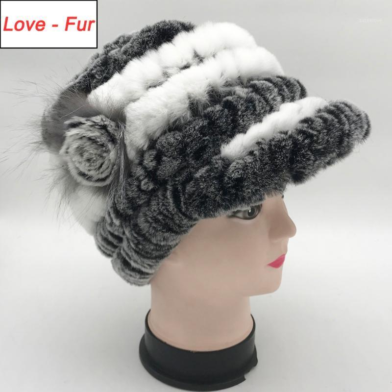 

2020 New Style Winter Real Fur Hat Women Genuine Knitted Rex Fur Beanies Hats Stripe Natural Rex Skullies Caps1, Grey white