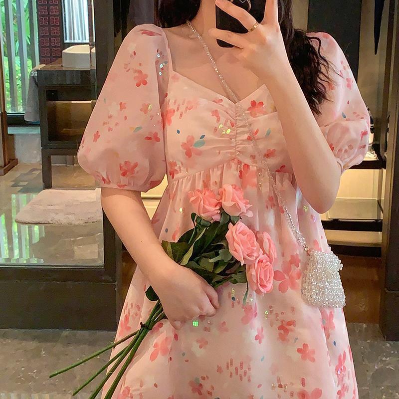 

Pink Sequin Fairy Dress Women Elegant Floral Sweet Chiffon Dress Female Casual Loose Kawaii Summer Party 2020 Korean Style, Dress-mini