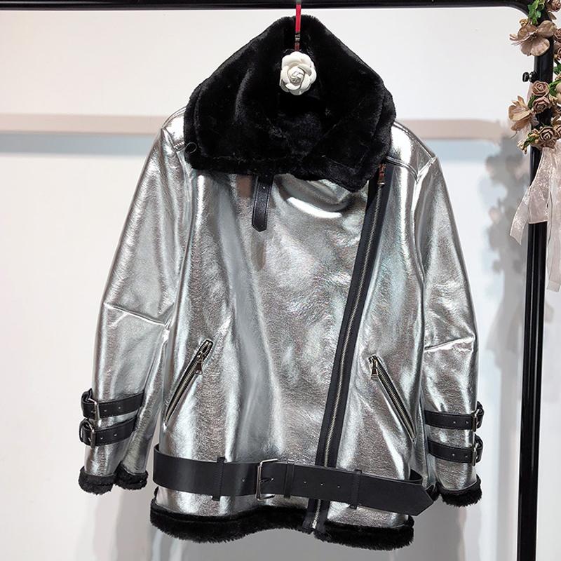 

European Style Metal Silver Leather Jackets Women Designer Winter Automotive Woman Leather Jackets Lady Velvet Overcoats A332, Issee