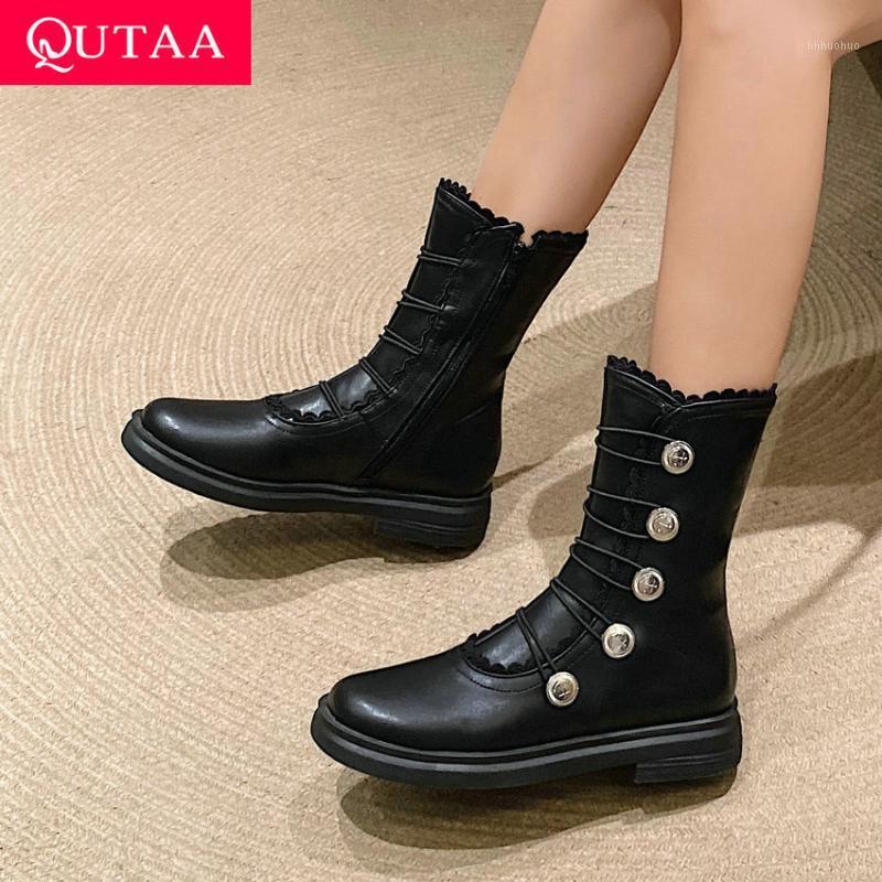 

QUTAA 2021 Elastic Band Zipper Ankle Boots Autumn Winter PU Women Shoes Casual Round Toe Square Heel Short Boots Big Size 34-431, Beige