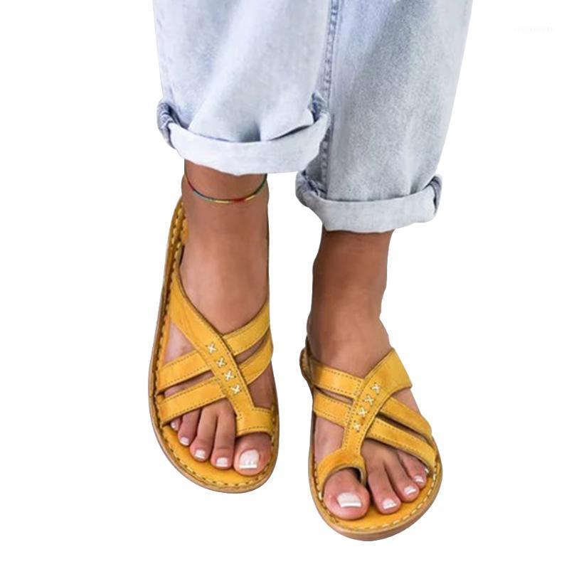 

Women Sandals Non Slip Travel Foot Correction Ladies Summer Beach Casual Open Toe Soft Shoes Orthopedic Flat Heel PU Leather1, Yellow
