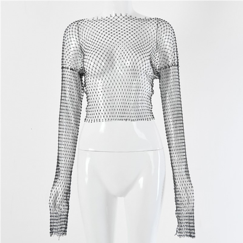 

2021 New Brilliant Strass Sewing Grid Tops Sexy O-neck T-shirts Out to See Through Thin Harvest Top Q0JN, Black
