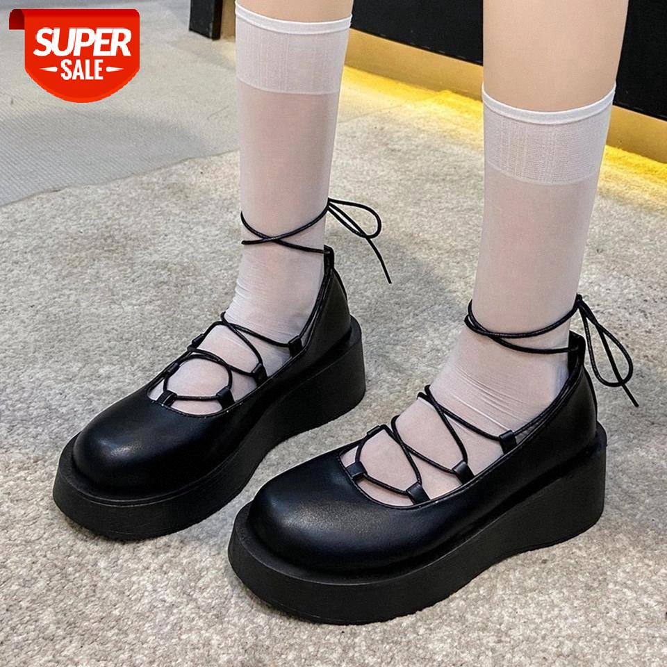 

RIBETRINI For Dropship Girl Solid Lace Up Platform Marry Janes Shoes Women Pumps Wedges Cosplay Leisure Casual Pumps #Ky28, Beige