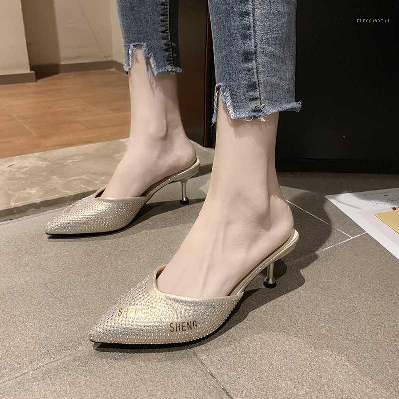 

Shiny Crystal High Heel Mules Shoes Women Sexy Pointed Toe Party Slippers Summer Metal Heel Closed Toe Sandals Women 20201, Silver