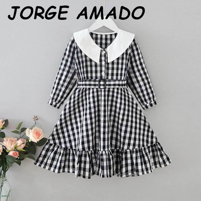 

Girls Dress 2020 Autumn New Fall Dress Black White Plaid Elastic Waist Princess Dress for Girls Kids Clothes E20505