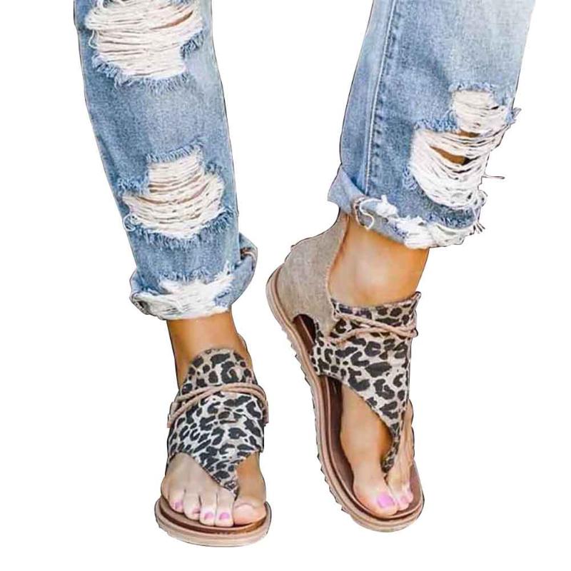 

Casual Flat Heel Summer Beach Women Sandals Comfortable Non Slip Strappy Soft Sole Open Toe Floral Print Artificial PU Fashion, Leopard