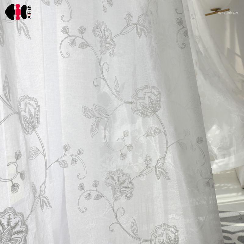 

Rustic Style Embroidery Flower Finished Organza Voile Tulle Fabric Curtains White Curtains For Living Room Bedroom WP144D1