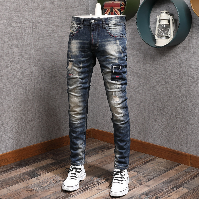 

2021 New Newly Vintage Designer Fashion Men Jeans Elastic Slim Fit Embroidery Patchwork Ripped Denim Trousers Streetwear Hip Hop Pants L2oi, Retro blue