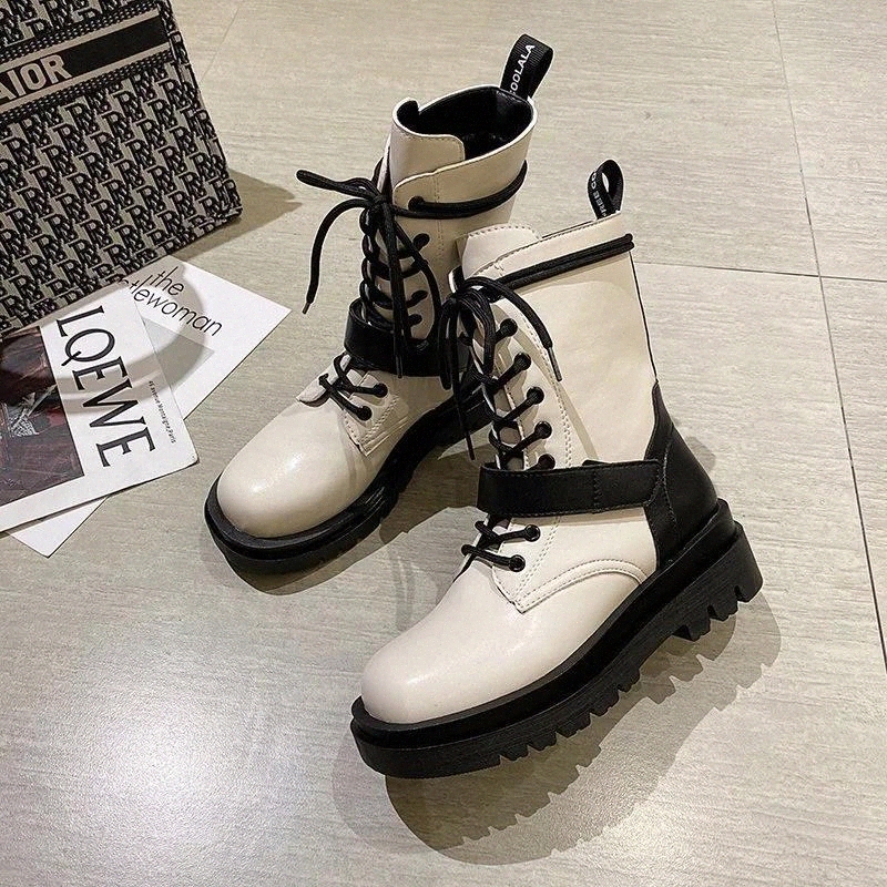 

New Leather Boots Women Lace Up Black Platform Leather Ankle Boots Women Shoes #gJ9s