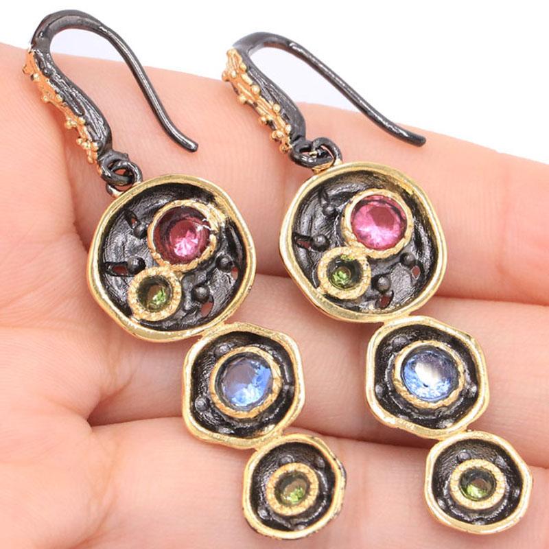 

54x15mm Neo-Gothic Vintage Multi Color Created Tourmaline Peridot Tanzanite Blood Ruby For Women Black Gold Silver Earrings