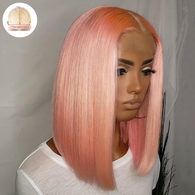 

13*1 Pink Short Bob Wig Color Remy Brazilian T Lace Human Hair Wig 8-16 inches Ombre Closure for Black Women Pre Plucked, As pic