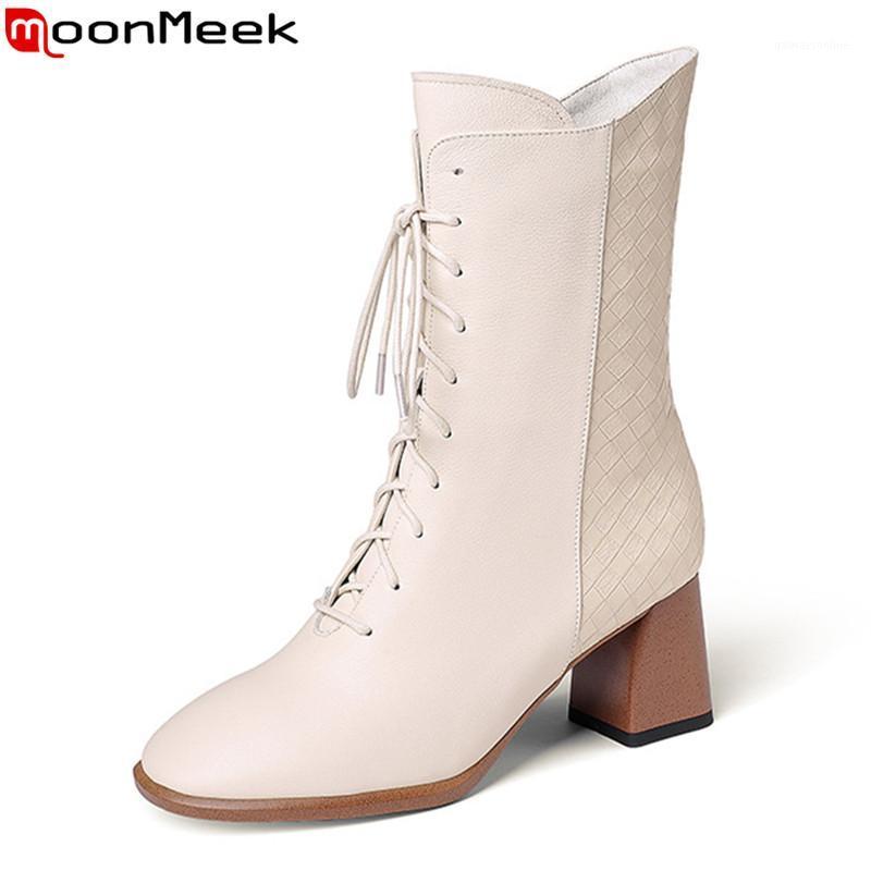 

MoonMeek 2020 hot sale fashion popular genuine leather women boots black beige comfortable ankle boots big size 34-421