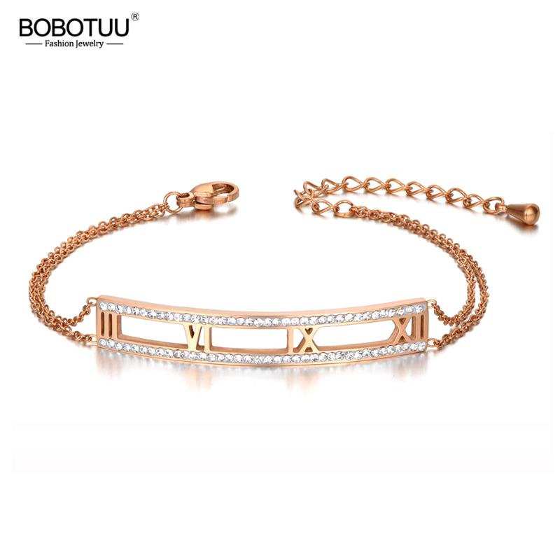 

BOBOTUU Trendy Stainless Steel Roman Characters Charm Bracelets For Women Girls Vintage CZ Crystal Chain & Link Bracelet BB20049