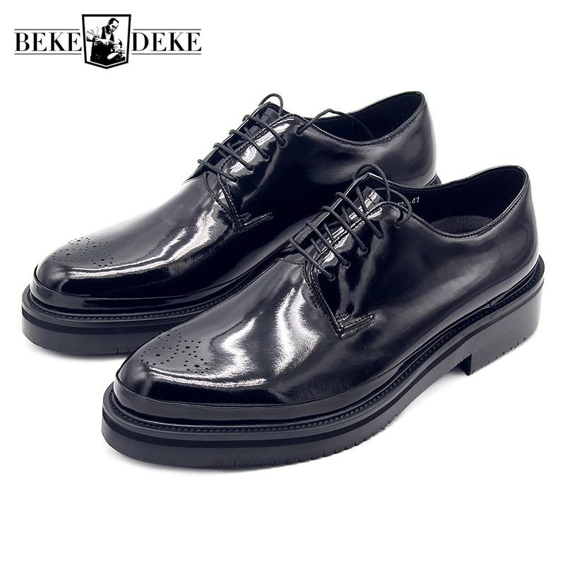 

2020 Thick-Sole Platform Leather Shoes Men Brogue Pointed Toe Shoes Carved Cow Leather Male Derby Party Office Footwear, Black