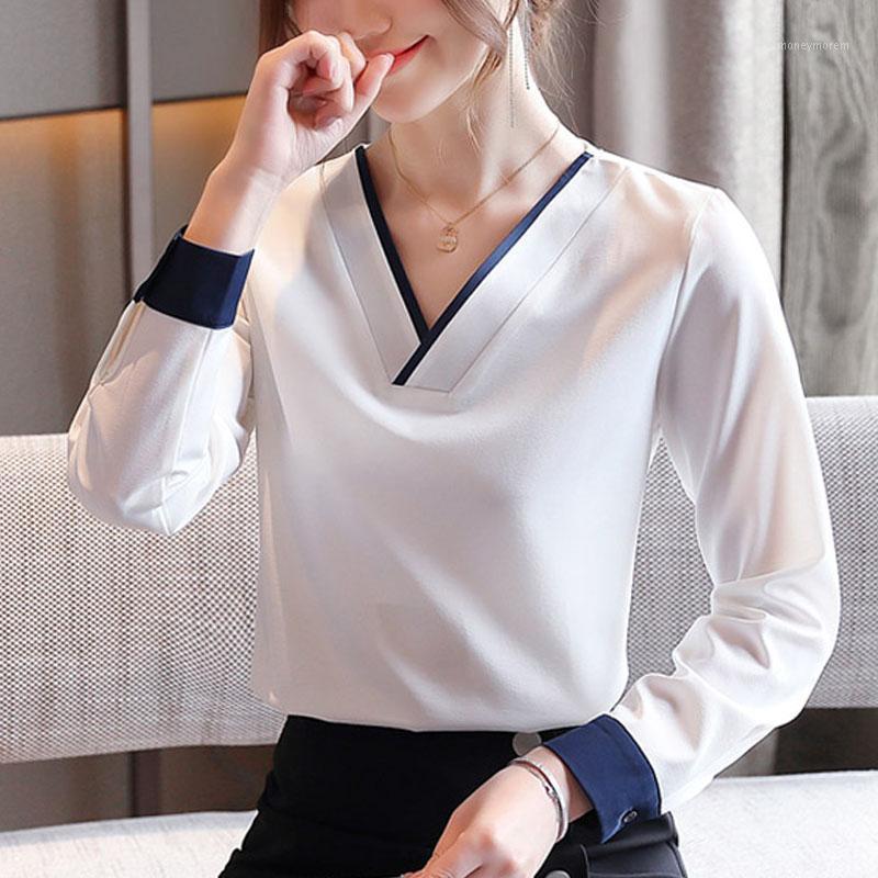 

Fashion Autumn 2021 Women' Chiffon Shirt V-neck Shirt Women' Clothing Casual Chiffon Spliced Solid V-Neck White Shirts 07161, Blue