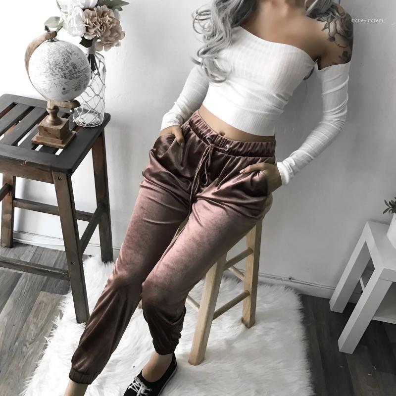 

2020 Casual Elastic Waist Drawstring Tie Ankle Trousers Female Mirco Velvet Soft Warm Pants Autumn Women SlimPencil Pants1, Zc3474-champagne