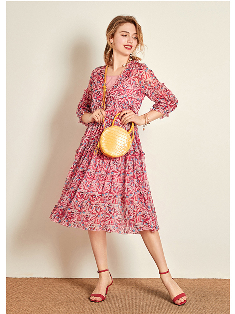 

Boutique 2020 Summer New Fine Floral Silk Feminine Sleeves Beach Long Female Dress Two Pieces Around Middle Neck of the Hld7 ZZOQ, Photo color