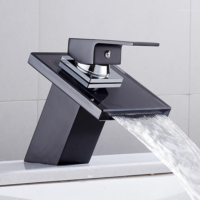 

HOTBEST Waterfall Basin Faucet for Bathroom Black Deck Mount Square Vanity Sink Mixer Tap Single Lever Solid Glass1