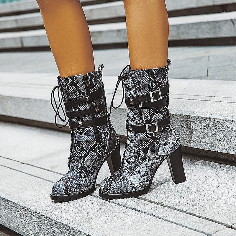 

2020 Stylish Women Booties Autumn Winter Hollow Snake Print round Toe Thick Heel rivet Shoes Female Casual mid-calf Boots1, Gray