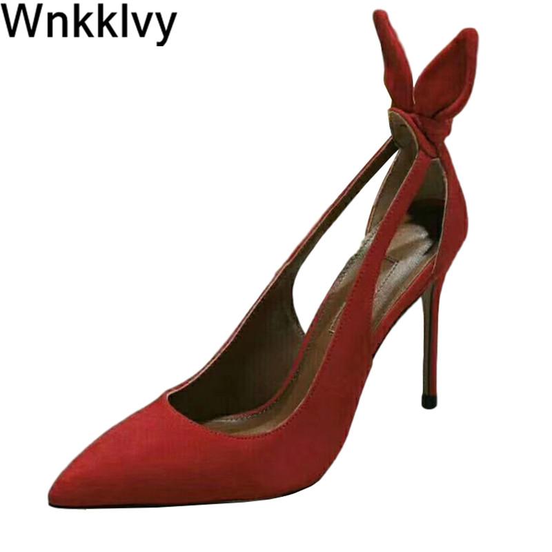 

Female shoes 2020 summer new ears back pointed toe sexy thin High heel hollow out pumps dress real suede party stilettos, Black