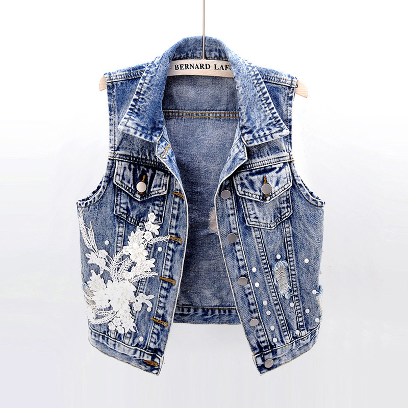 

2021 New Printed Denim Female Korean Summer Short Sleeves Sleeveless Thin Unique Floral Fashion Pearls Vest Jeans 7EAX, Light blue.