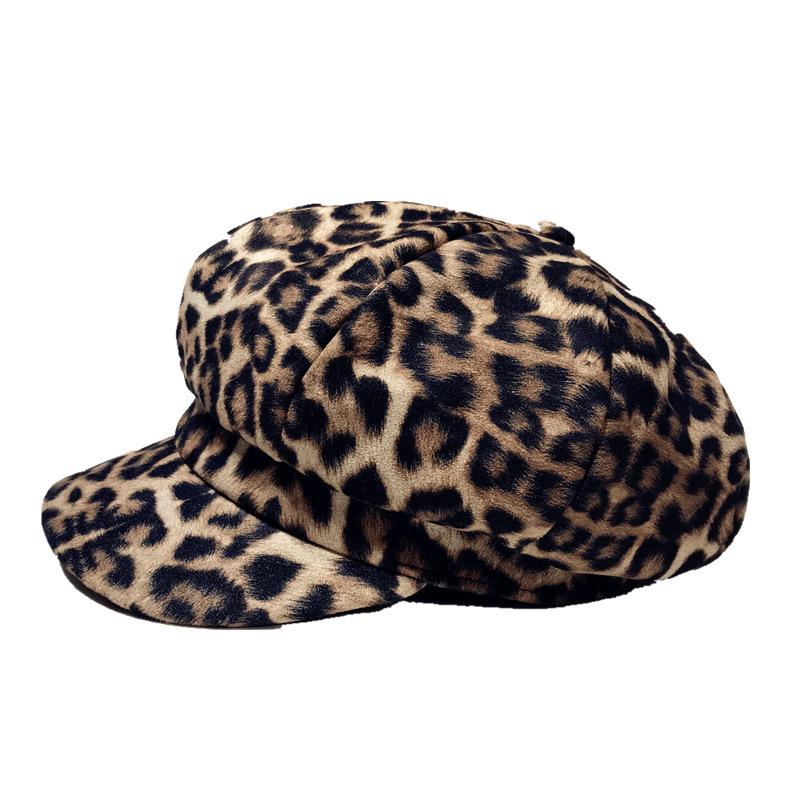 

Women Leopard Print Beret hat Winter Warm Painter cap Retro British Style Octagonal Navy Hat Outdoor Newsboy cap, White