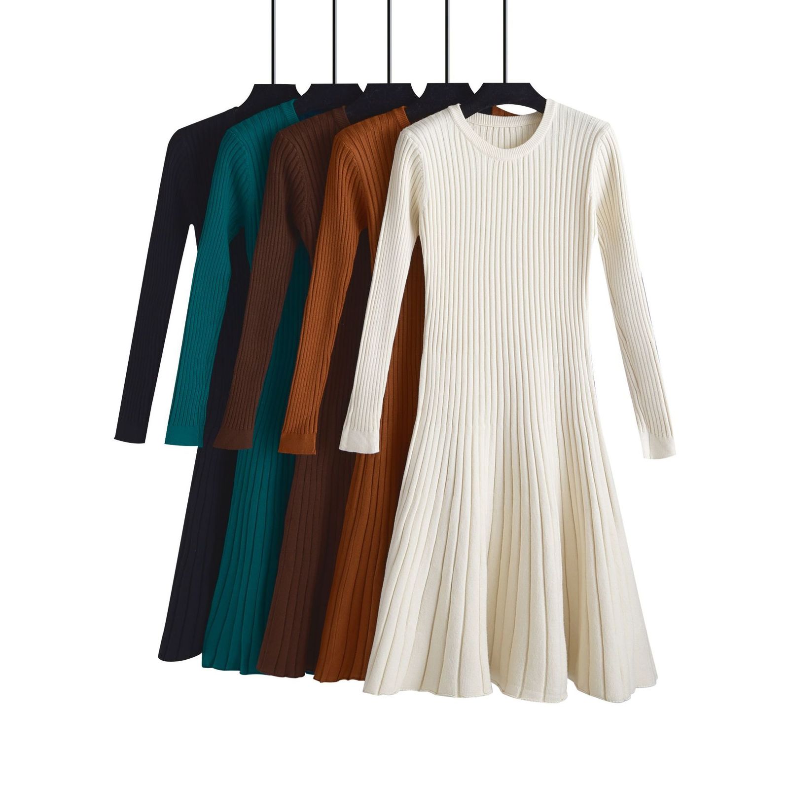 

2021 New Autumn Winter Women Sweater Dress Mid-calf Long Chic Female Dresses A-line Soft Rib Knitted Eubt, Green