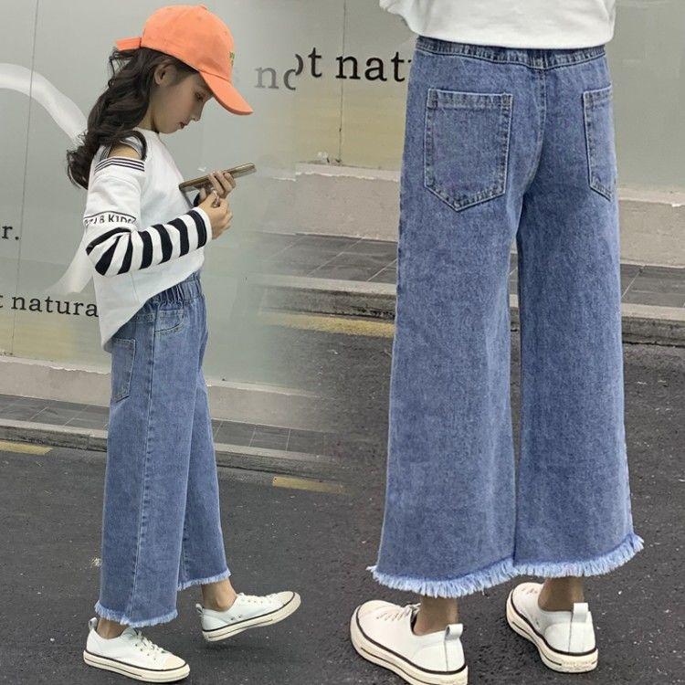 

2021 Autumn Winter Girls Casual Straight Denim Pants Kids All-match Simple Jeans Wide Leg Pants Girls Elastic Waist Jeans, Blue