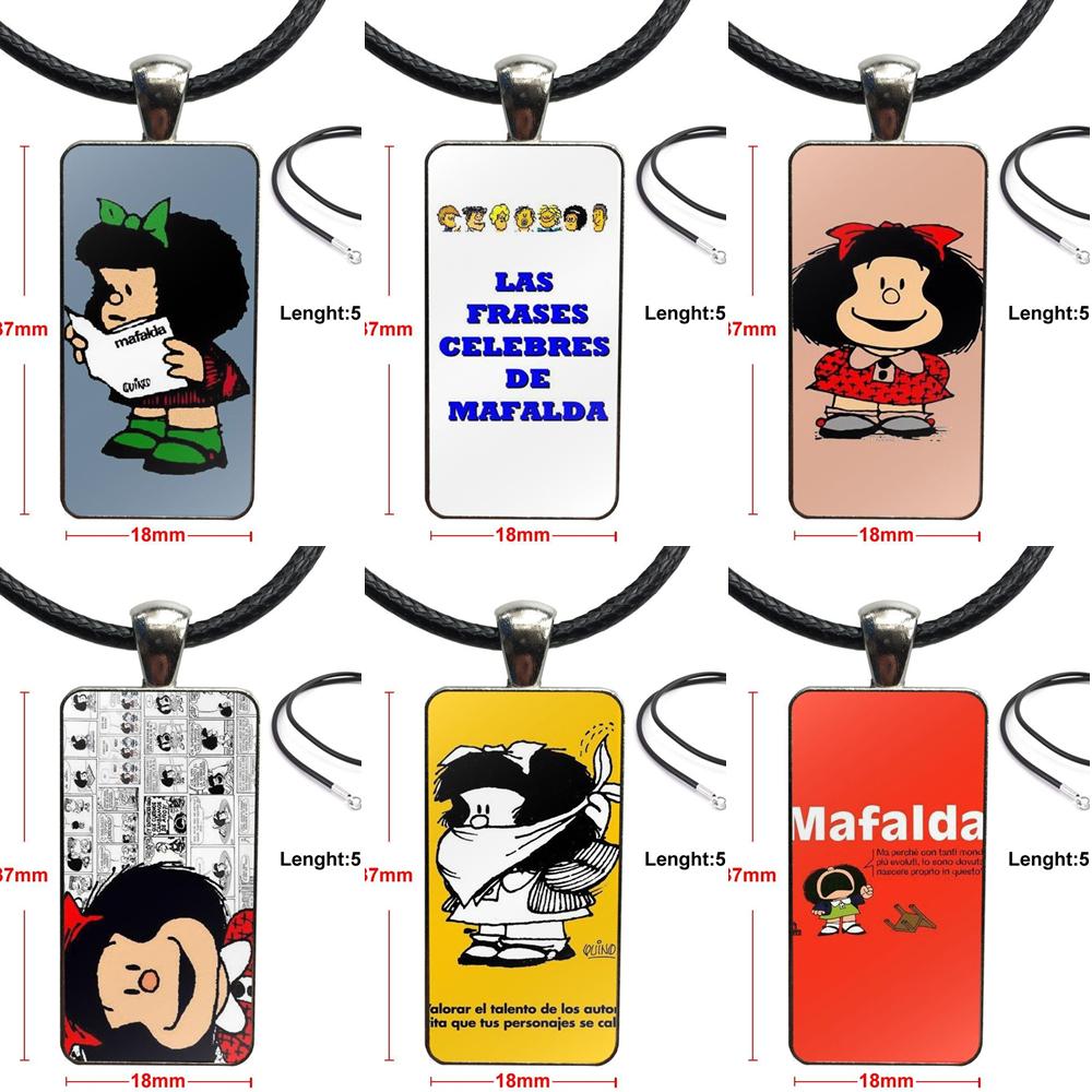 

Mafalda Girl Necklace With Steel Plated Glass Cabochon Choker Long Pendant Rectangle Necklace For Women Handmade Girls