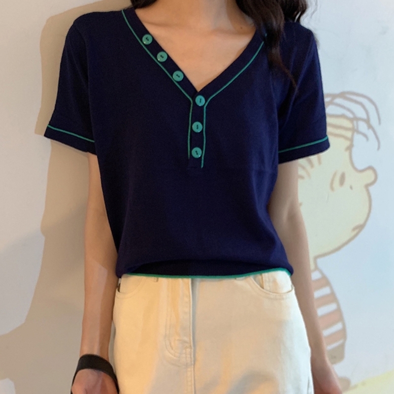 

2021 New 2 colours summer Korean shredded color v neck tops knitted t-shirts of women femme shirt (l9032) 9E1Y, Beige