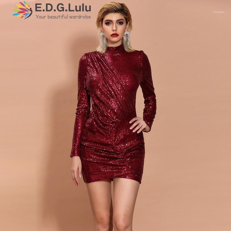 

EDGLuLu Autumn Women Luxury Celebrity Evening Runway Party Dress Vestidos Sexy Long Sleeve Ruched Red Sequined Dress 11181, Burgundy
