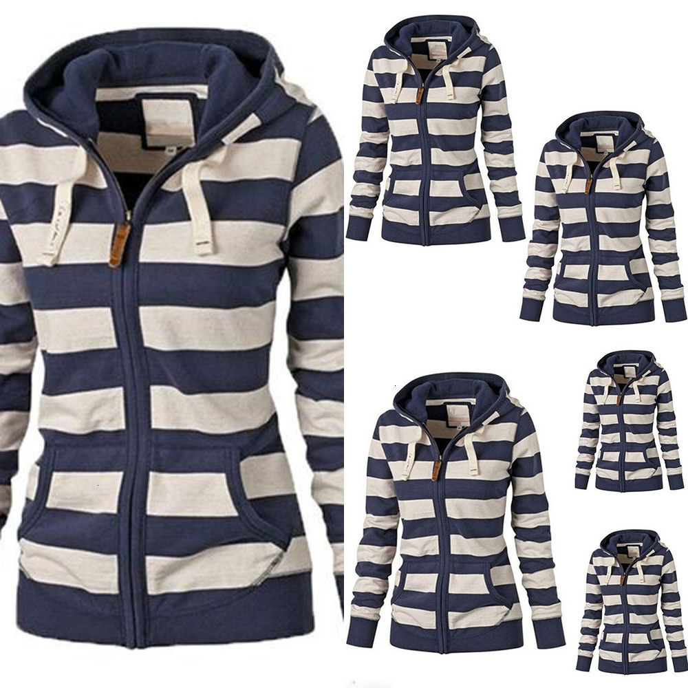 

Fall WoMen Sports Casual Wear Fleece Zipper Fashion Striped Hoodies Sweatshirts Autumn Winter Coat Warm Jacket Cotton, Blue