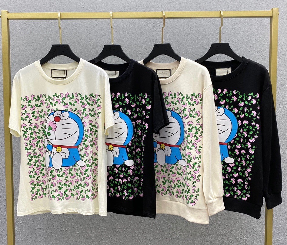 

Doraemon printed long sleeve T-shirt for men and women, Black short sleeve