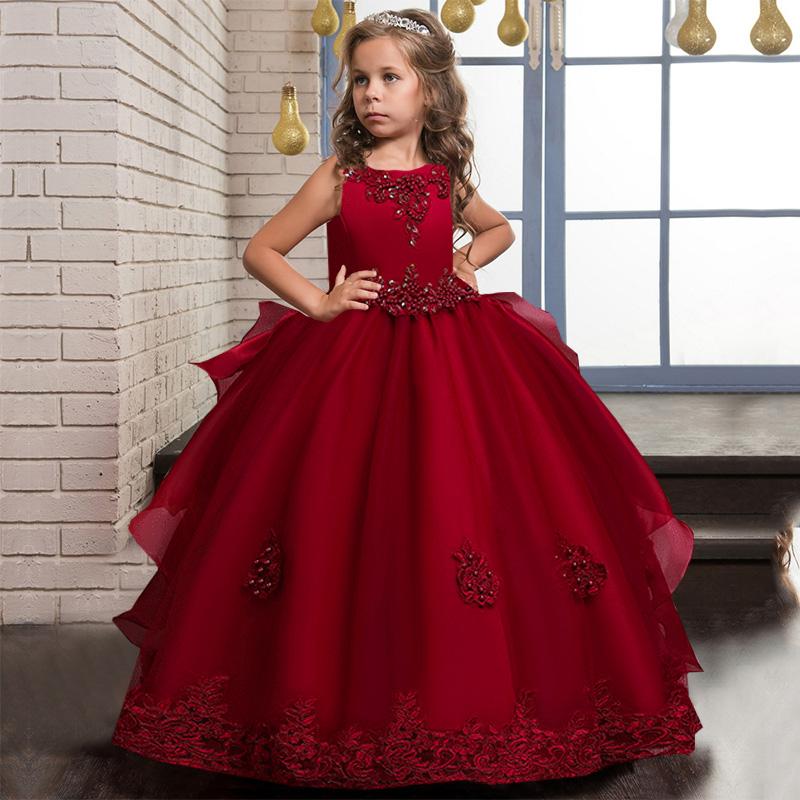 

4-14 Year Girl White Wedding Flower Christmas Dress Kids Clothes Princess Party Dress Lace Back Hollow Tulle Long Vestidos