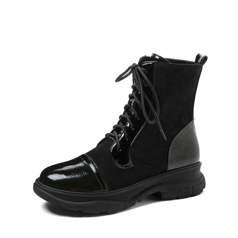 

New 2021 Pu Leather Flock Ankle Boots Round Toe Casual Autumn Winter Square Heel Lace Up Women Shoes Size 34-42 9zxh, Black