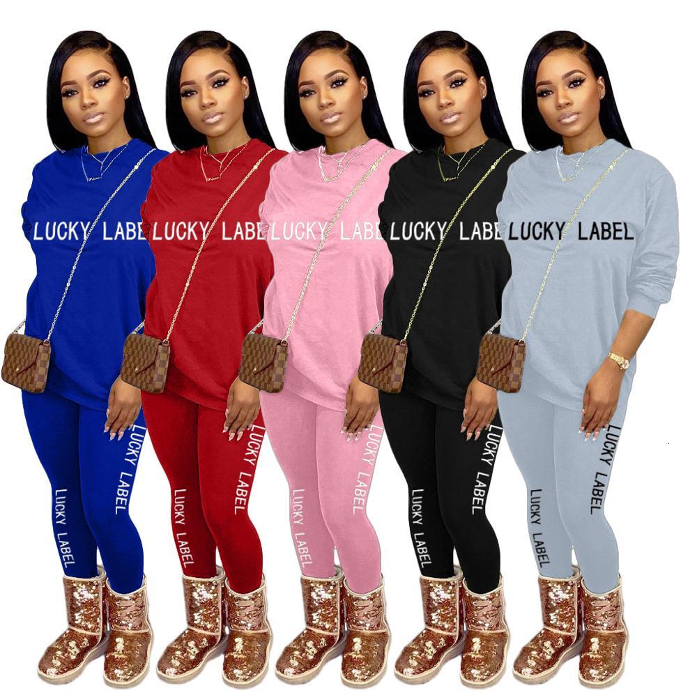 

2021 Letter Lucky Label Solid Color Long Sleeve Pullover & Pattern Print Pants New Autumn Women Suit Sportwear 2 Piece Set N09u, Red