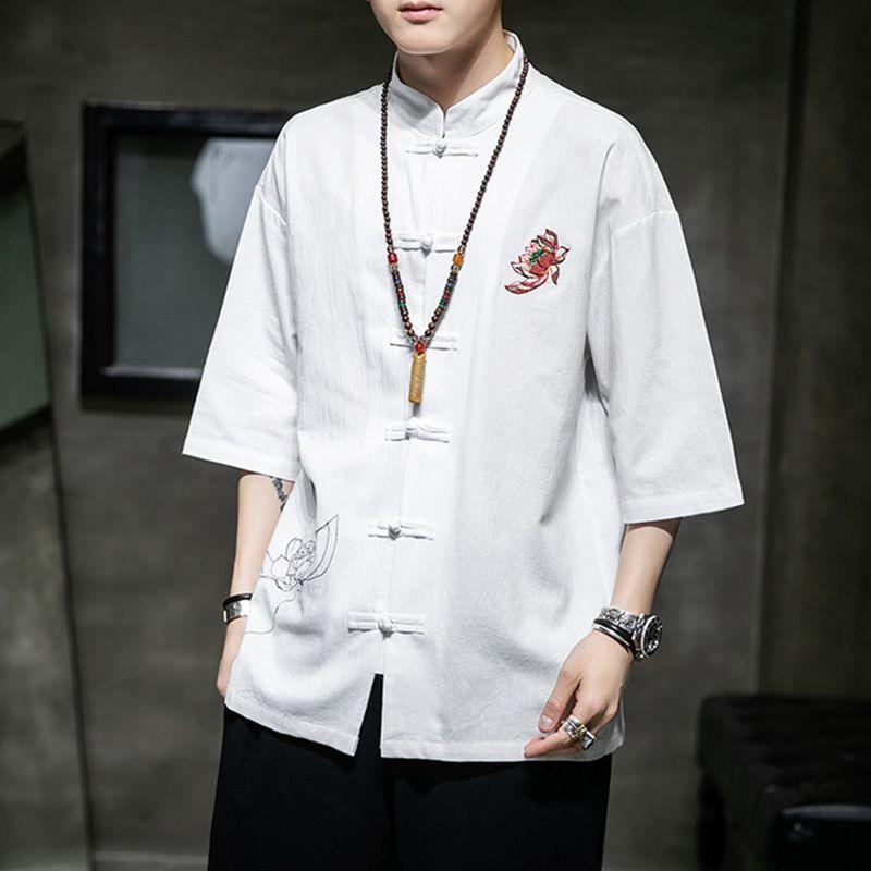 

Sinicism Store Black Cotton Linen Chinese Style Shirt Mens Fashion 2020 Summer Embroidery Mens Shirts Male Whiter Shirt Clothing