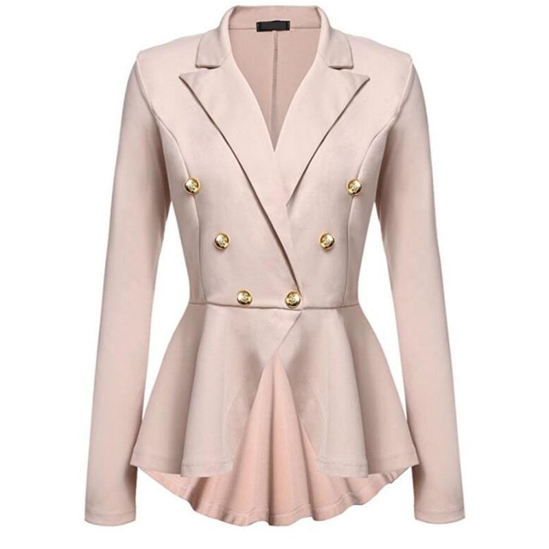 

Autumn New Women Slim Fit Double Row Metal Suit Coat Buckle Ruffled Long Sleeve Jackets Elegant Blazer Female White Black Pink