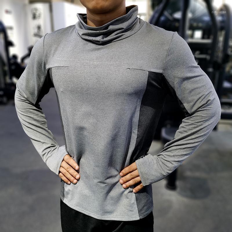 

Running Gym Men T Shirt Casual Autumn winter High collar elastic long sleeve T-shirt Sports Fitness Quick dry T Shirt Zip pocket1, S9815 light grey