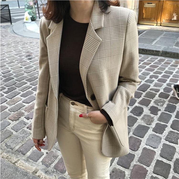 

New 2021 Autumn Winter Elegant Blazer Women Plaid Casual Buttons Pockets Jackets Notched Vintage Wild Jackets And Blazers, As picture