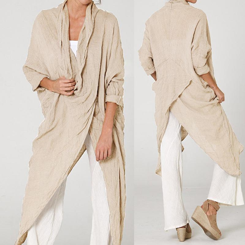 

Celmia Plus Size Blusas Mujer Vintage Women Chemise Long Blouses Long Sleeve Casual Tunic Tops Loose Asymmetrical Leisure Shirts, Beige