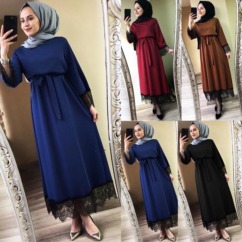 

Plus Size Women Abaya Dress Dubai Arab Lace Splice Muslim Hijab Dress Ramadan Caftan Moroccan Kaftan Turkish Islamic Clothing, Black