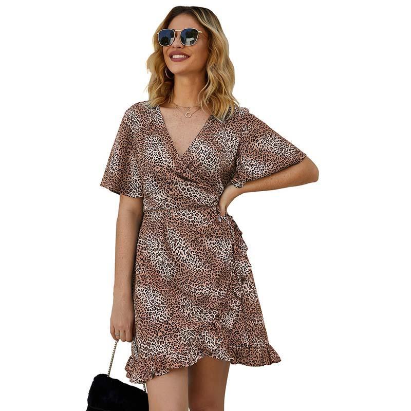

2020 Summer Beach Dress Women Ruffles Leopard Dress Female Sexy Slim Short Party Dress Ladies Print V-neck Dresses for Women, Yellow