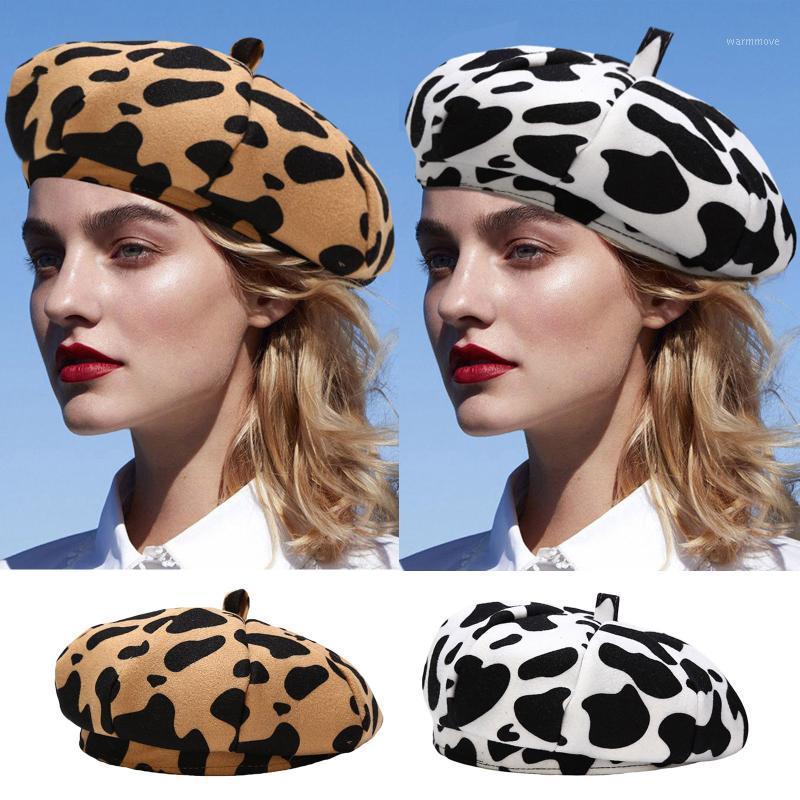 

2020 Fashion Ladies retro Woolen Cow Print beret Outdoor Autumn and Winter All Matched newsboy multipurpose hat Painter hat1