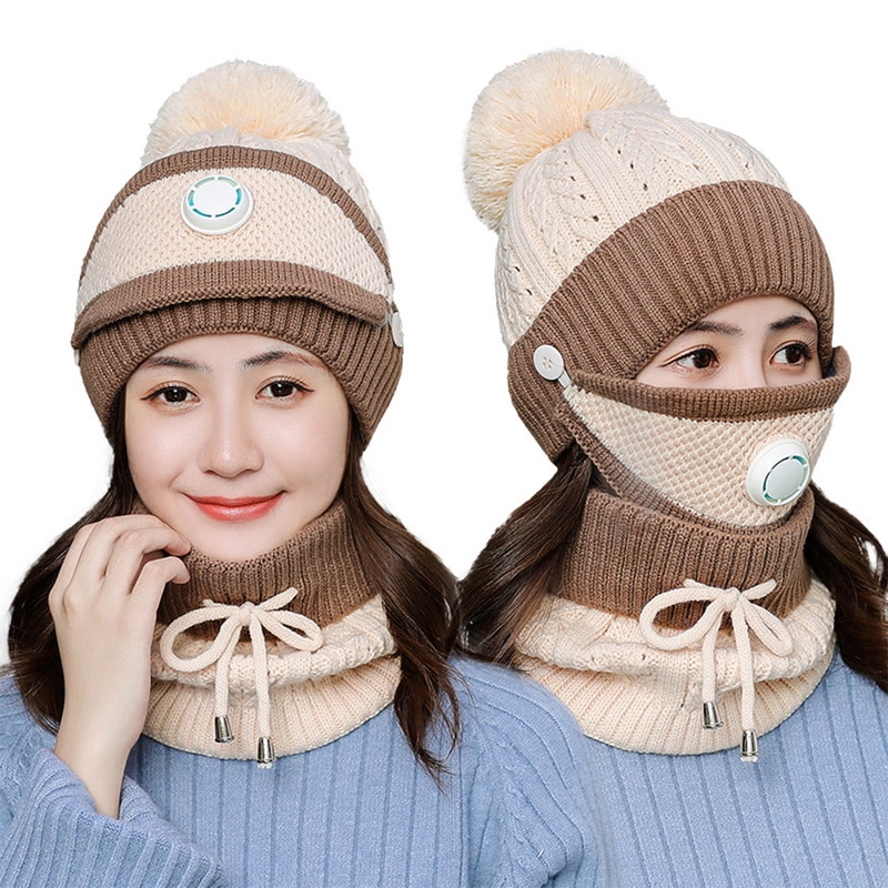 

3 Pieces Set Women's Knitted Hat Scarf Caps Neck Warmer Winter Hat For Ladies Girls Skullies Beanies Warm Fleece Caps