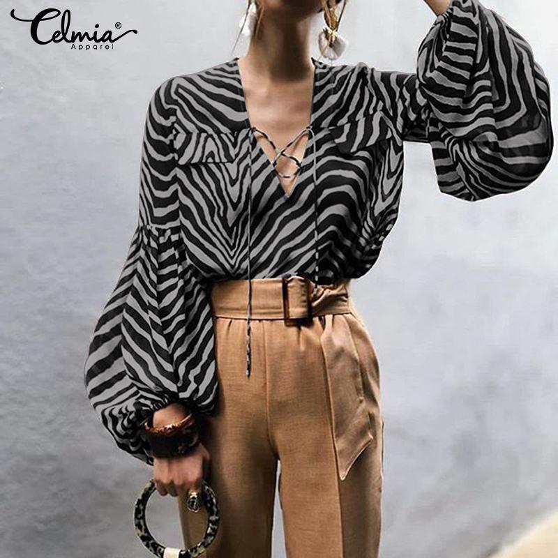 

2020 Summer Women Blouses Shirts Celmia Casual Loose Long Lantern Sleeve Sexy V-Neck Tops Celmia Zebra Print Blusas Plus Size, Gray