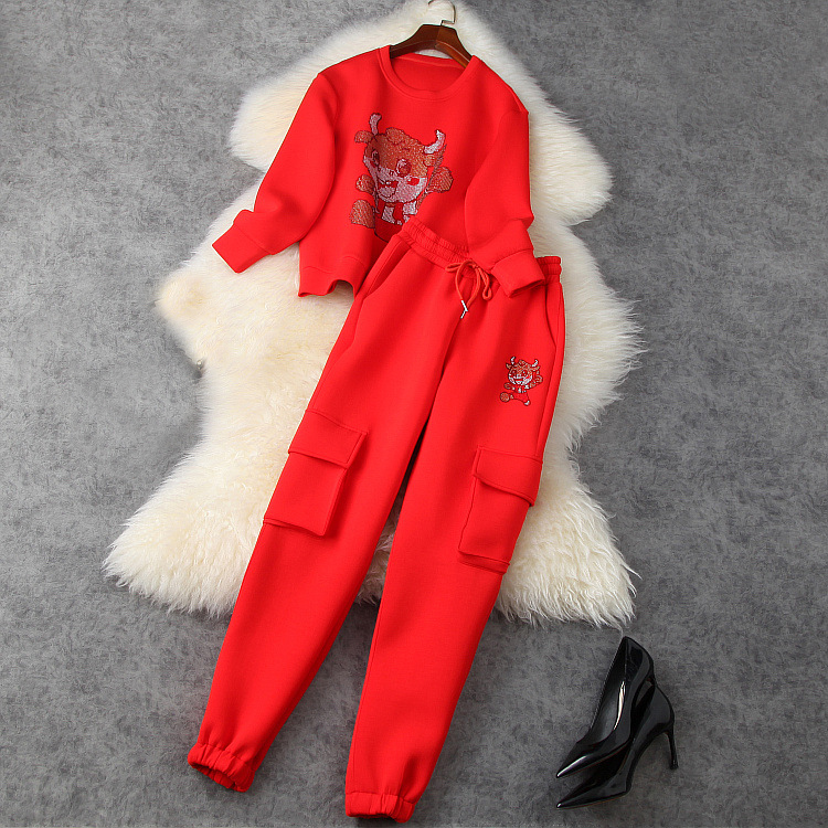 

2021 Spring Long Sleeve Round Neck Black / Red Cartoons Hot Drilling Sweatshirt + Long Pants Two Piece Suits 2 Pieces Set LJ11T117802003