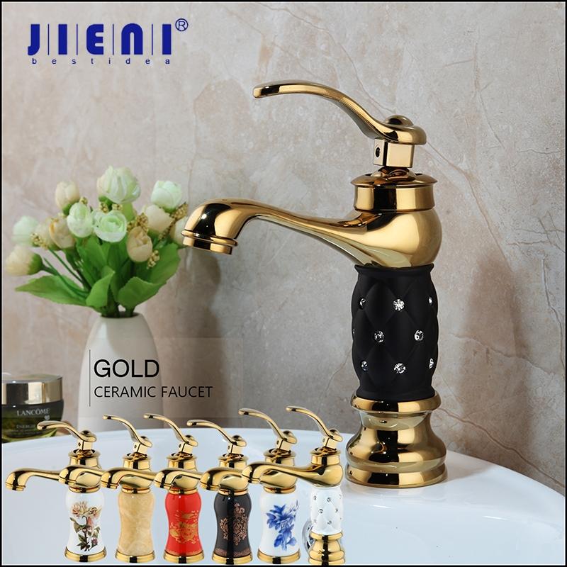 

JIENI Gold Polished Deck Mounted Bathroom Faucet Wash Basin Tap Swivel Single Handle Hot and Cold Water Mixer Tap