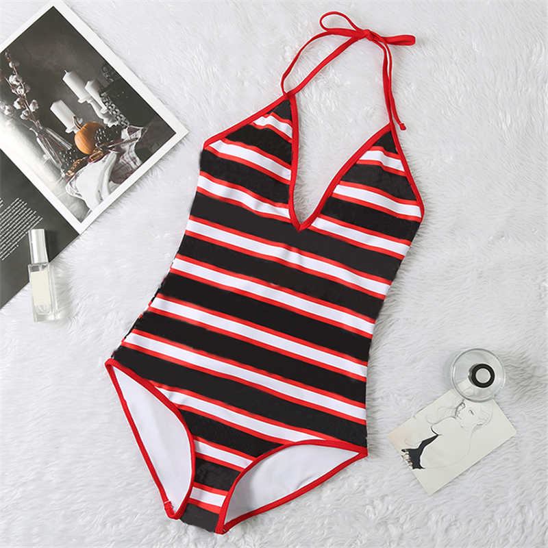 

Fashion Striped Printed Womens Swimwear One Piece Sexy Backless Women Bikinis Sets Girls Pool Swim Swimsuits, As pic